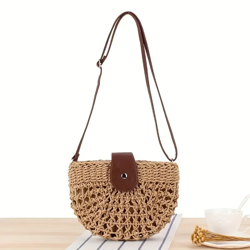 Natural straw woven handbag, leather flap with metal zipper, dual-use as handbag and crossbody bag, lightweight and practical, versatile for summer./BROWN - Image 6