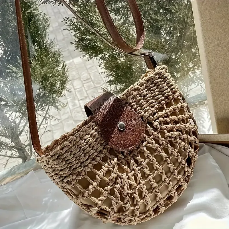 Natural straw woven handbag, leather flap with metal zipper, dual-use as handbag and crossbody bag, lightweight and practical, versatile for summer./BROWN - Image 7