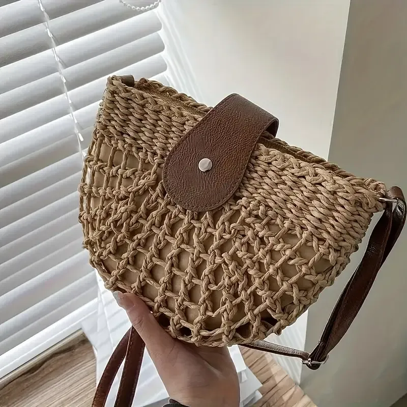 Natural straw woven handbag, leather flap with metal zipper, dual-use as handbag and crossbody bag, lightweight and practical, versatile for summer./BROWN - Image 8
