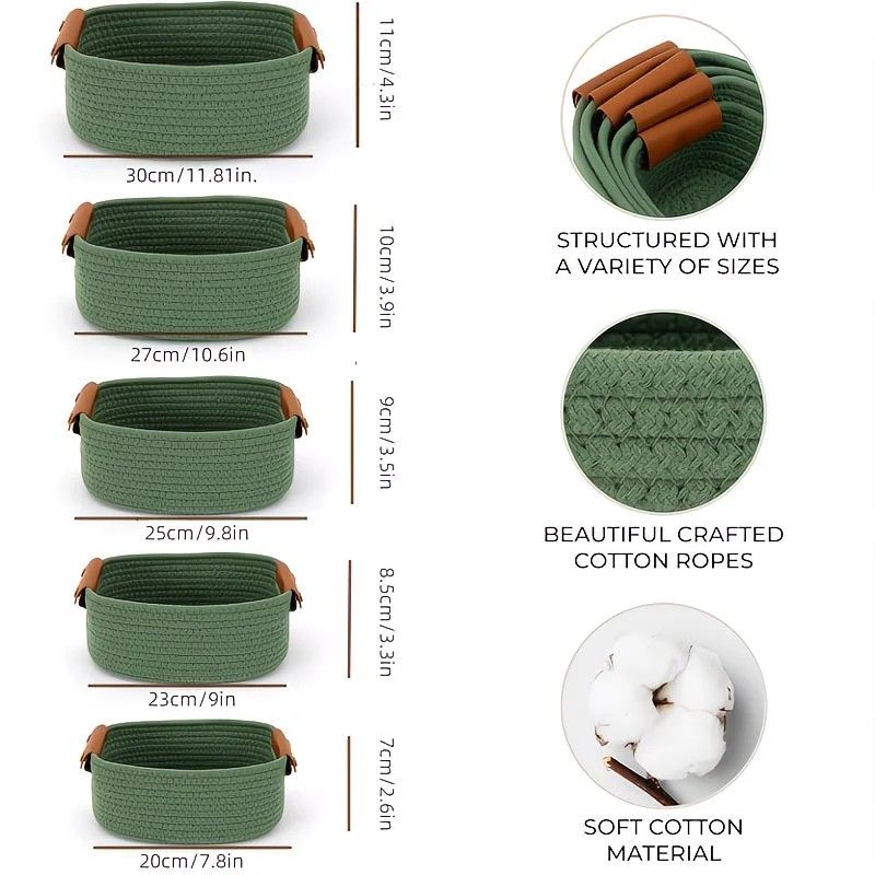 5-piece cotton rope storage basket set, cotton woven with leather handles, multiple sizes for organizing desk sundries, beautiful and practical to enhance space style.（pitch green） - Image 2