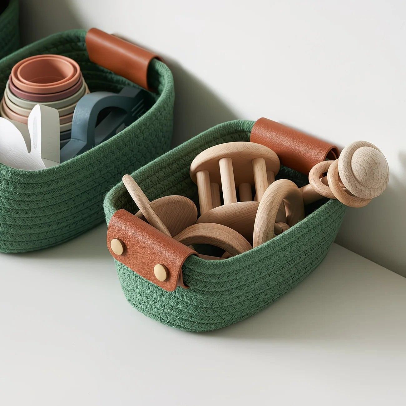 5-piece cotton rope storage basket set, cotton woven with leather handles, multiple sizes for organizing desk sundries, beautiful and practical to enhance space style.（pitch green） - Image 3