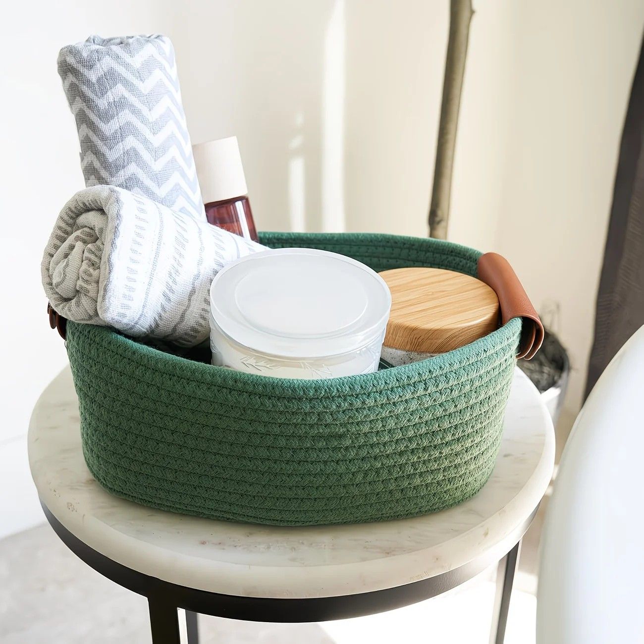 5-piece cotton rope storage basket set, cotton woven with leather handles, multiple sizes for organizing desk sundries, beautiful and practical to enhance space style.（pitch green） - Image 4