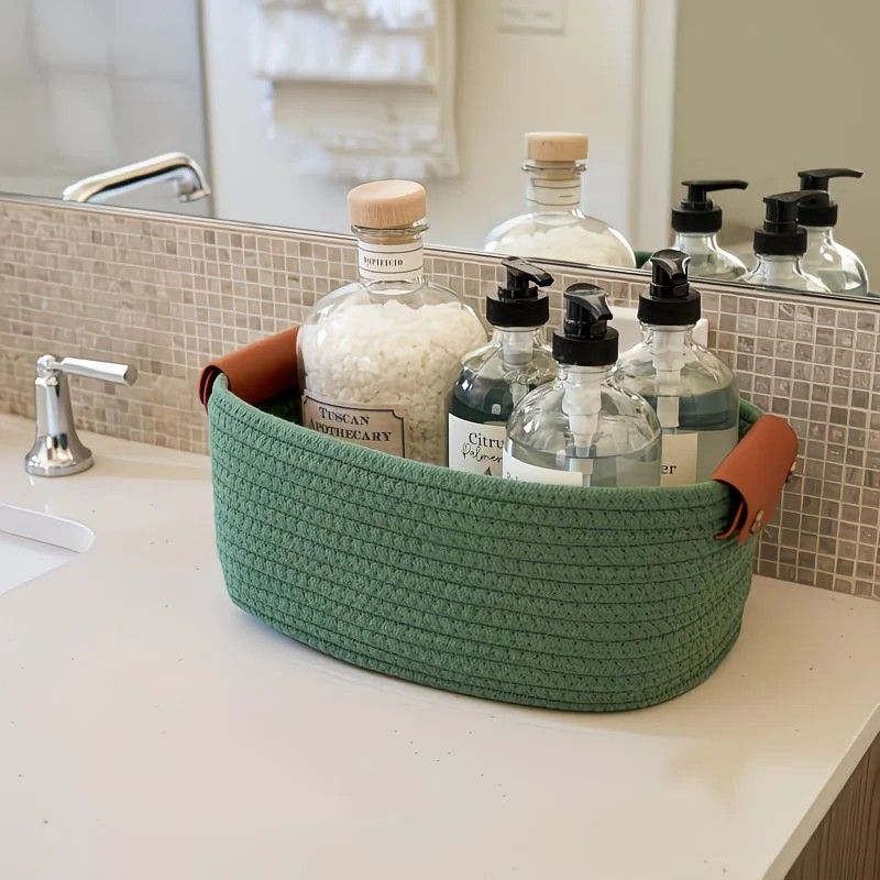 5-piece cotton rope storage basket set, cotton woven with leather handles, multiple sizes for organizing desk sundries, beautiful and practical to enhance space style.（pitch green） - Image 7