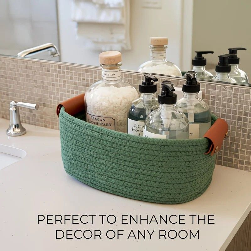 5-piece cotton rope storage basket set, cotton woven with leather handles, multiple sizes for organizing desk sundries, beautiful and practical to enhance space style.（pitch green） - Image 8