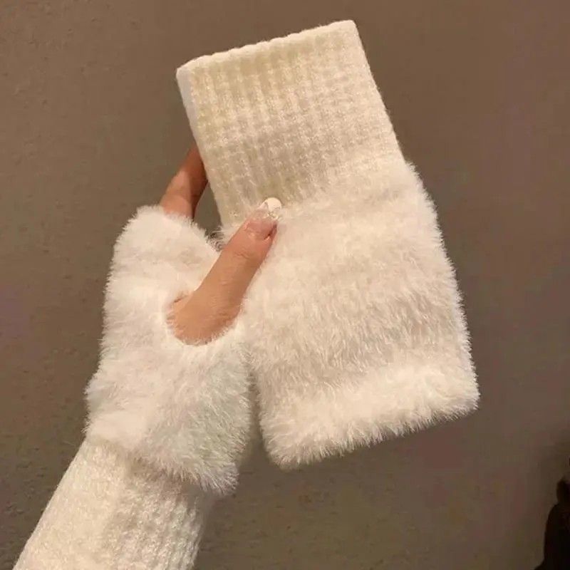Women's Comfortable Fingerless Gloves - Soft, Warm, and Fashionable Pure White Winter Gloves, Suitable for Cold Weather or Casual Wear, Hand Washable, Ladies' Gloves.white - Image 1