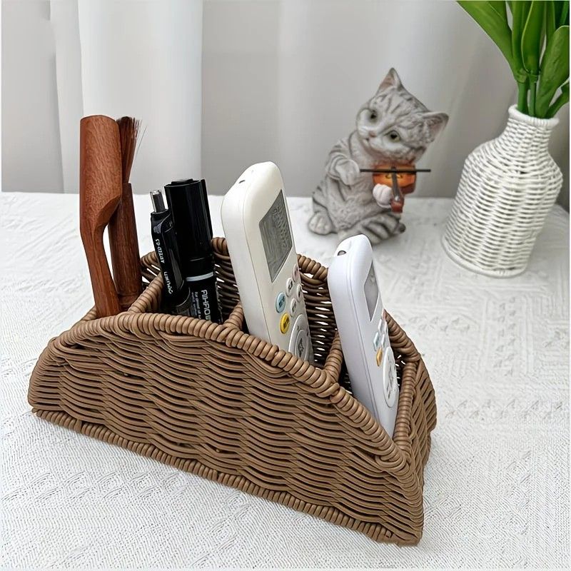 Handwoven Remote Control Storage Box, eco-friendly material, large capacity for categorized storage, fits coffee tables and desktops, easily eliminates clutter, adding a natural and warm touch to your home.(dull grey) - Image 1