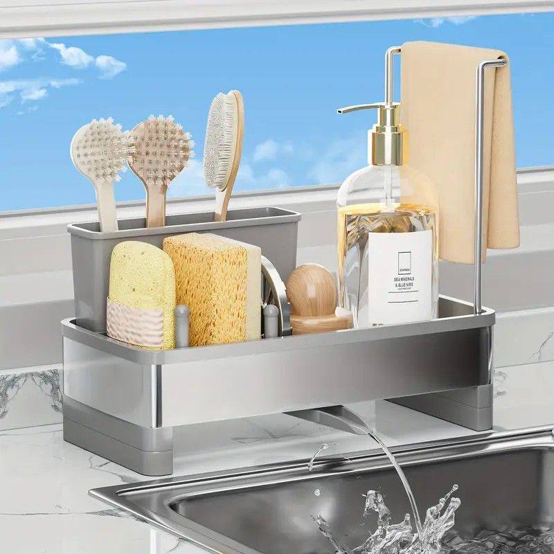 No Drill 360° Rotating Drain Sponge Holder with Tray Kitchen Sink Organizer(WHITE) - Image 2