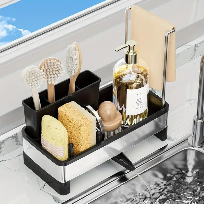 No Drill 360° Rotating Drain Sponge Holder with Tray Kitchen Sink Organizer(GREY) - Image 3