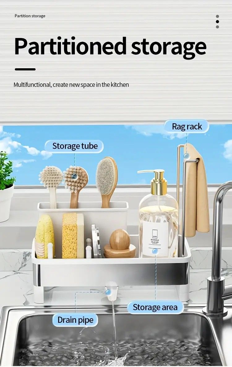 No Drill 360° Rotating Drain Sponge Holder with Tray Kitchen Sink Organizer(GREY) - Image 4