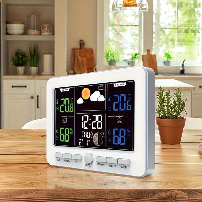 Indoor Outdoor Weather Station Color LCD Atomic Clock Barometer Forecast Dual Alarm Snooze Calendar Time Date Moon Phase Adjustable Backlight.white - Image 4