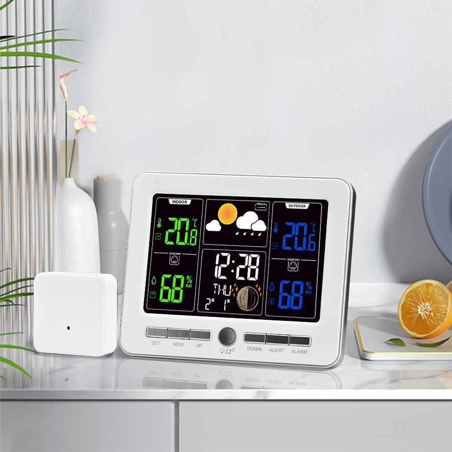 Indoor Outdoor Weather Station Color LCD Atomic Clock Barometer Forecast Dual Alarm Snooze Calendar Time Date Moon Phase Adjustable Backlight.white - Image 8