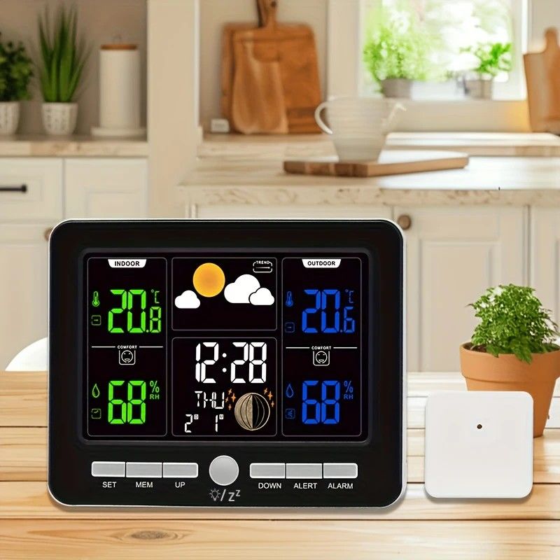 Indoor Outdoor Weather Station Color LCD Atomic Clock Barometer Forecast Dual Alarm Snooze Calendar Time Date Moon Phase Adjustable Backlight.BLACK - Image 1