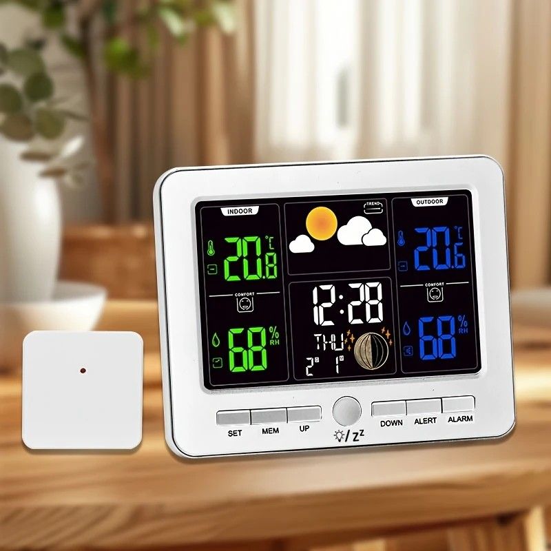 Indoor Outdoor Weather Station Color LCD Atomic Clock Barometer Forecast Dual Alarm Snooze Calendar Time Date Moon Phase Adjustable Backlight.BLACK - Image 2