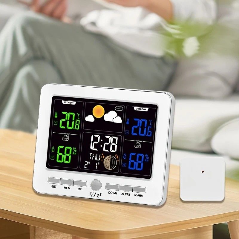 Indoor Outdoor Weather Station Color LCD Atomic Clock Barometer Forecast Dual Alarm Snooze Calendar Time Date Moon Phase Adjustable Backlight.BLACK - Image 5