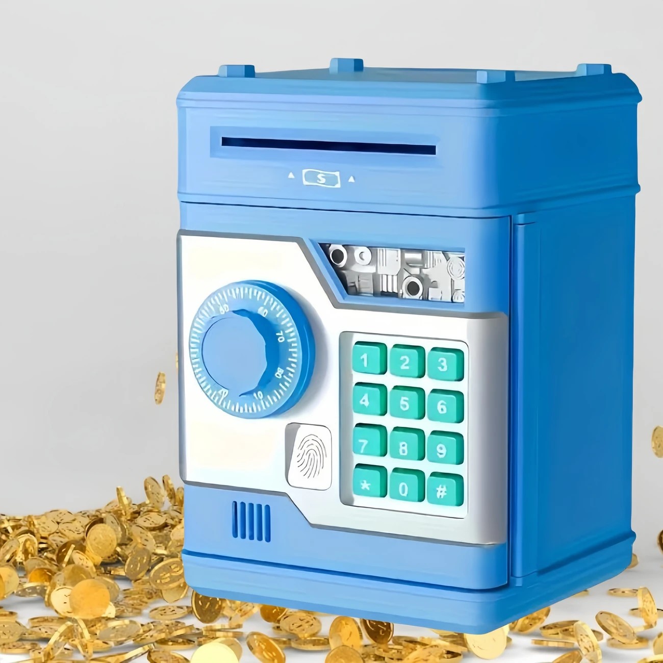 Children's Password Piggy Bank, Dual Lock,BLUE  Automatic Bill Intake, Develops Savings Habit, Multiple Colors Available, Battery Not Included - Image 1
