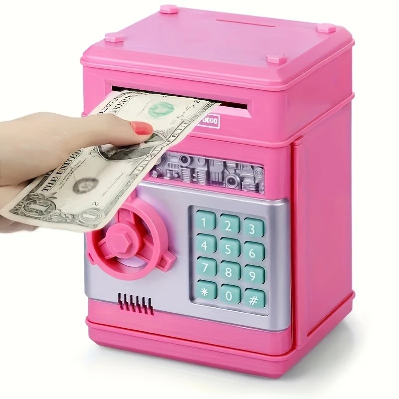 PINK Children's Password Piggy Bank, Stores Coins & Paper Money, Auto Roll-Up, Sound & Light Interaction, Fosters Good Savings Habits. Battery Not Included - Image 1