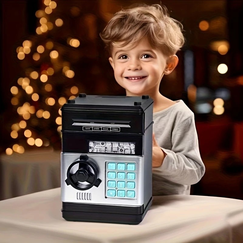 BLACK Children's Password Piggy Bank, Stores Coins & Paper Money, Auto Roll-Up, Sound & Light Interaction, Fosters Good Savings Habits. Battery Not Included - Image 1