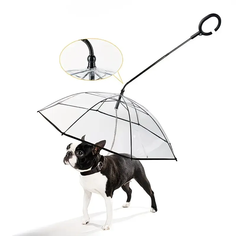 Bendable transparent pet umbrella with leash chain, rain or shine, one umbrella for outdoor pet walks - Image 1