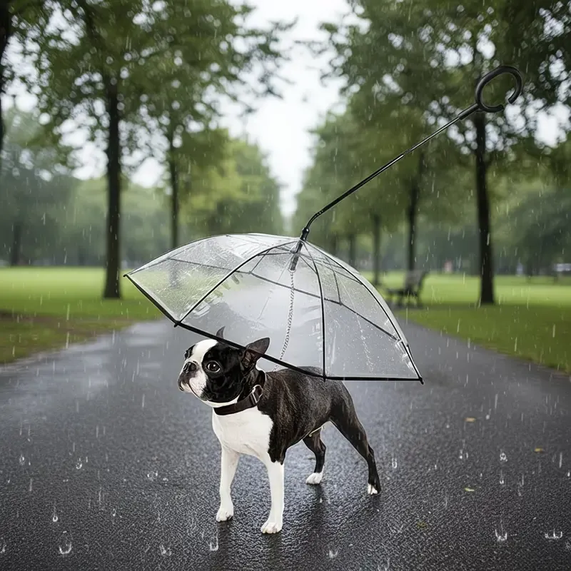 Bendable transparent pet umbrella with leash chain, rain or shine, one umbrella for outdoor pet walks - Image 2