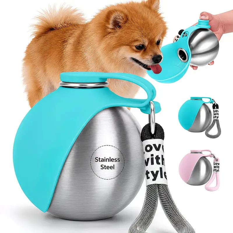 Portable Stainless Steel Cat & Dog Water Bottle, Leak-Proof 2-in-1 with Bowl, One-Press Drink & Feed for Outdoor Walks & Travel, Lightweight & Easy to Carry, Pet Essential./blue - Image 1