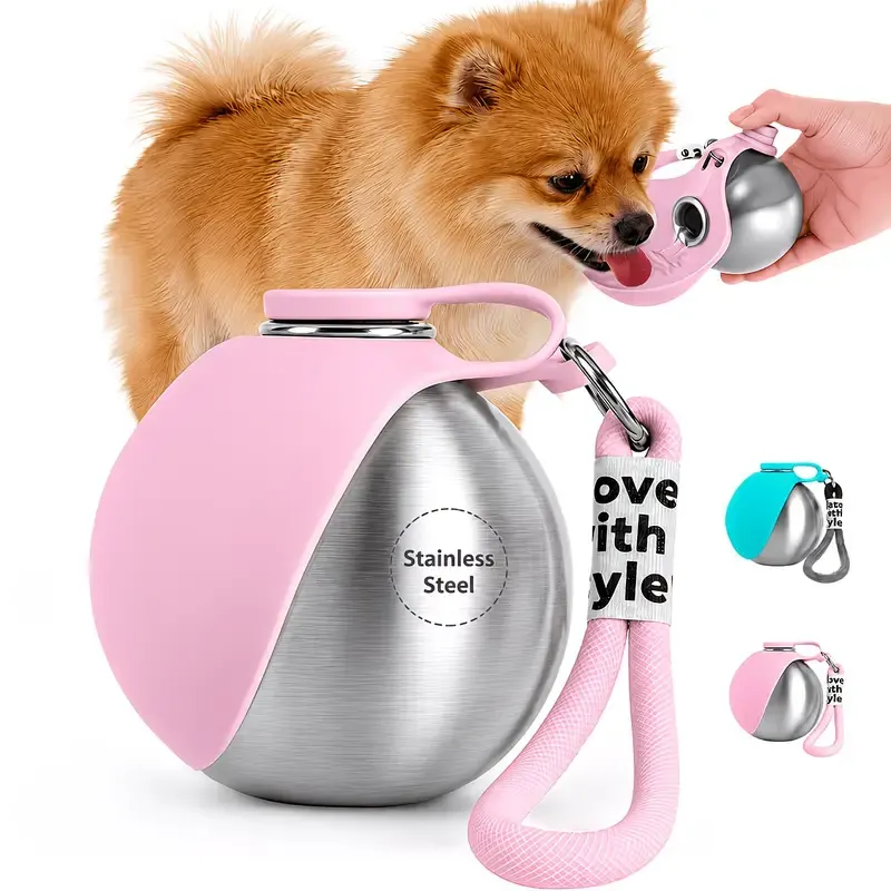 Portable Stainless Steel Cat & Dog Water Bottle, Leak-Proof 2-in-1 with Bowl, One-Press Drink & Feed for Outdoor Walks & Travel, Lightweight & Easy to Carry, Pet Essential./PINK - Image 1