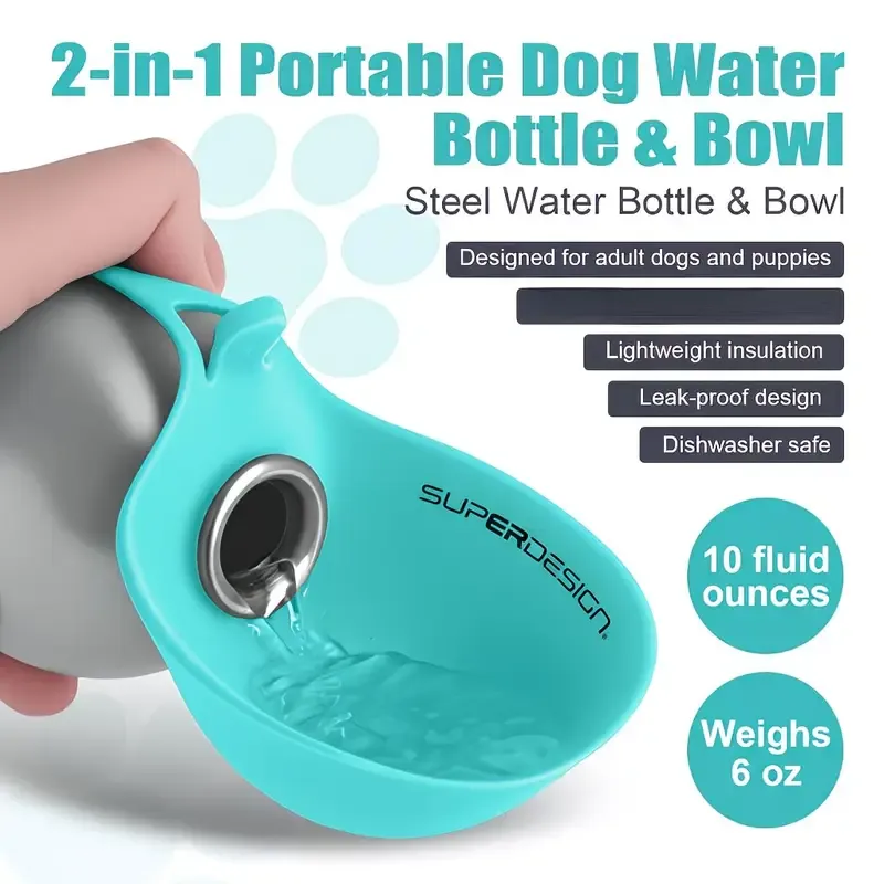 Portable Stainless Steel Cat & Dog Water Bottle, Leak-Proof 2-in-1 with Bowl, One-Press Drink & Feed for Outdoor Walks & Travel, Lightweight & Easy to Carry, Pet Essential./PINK - Image 4