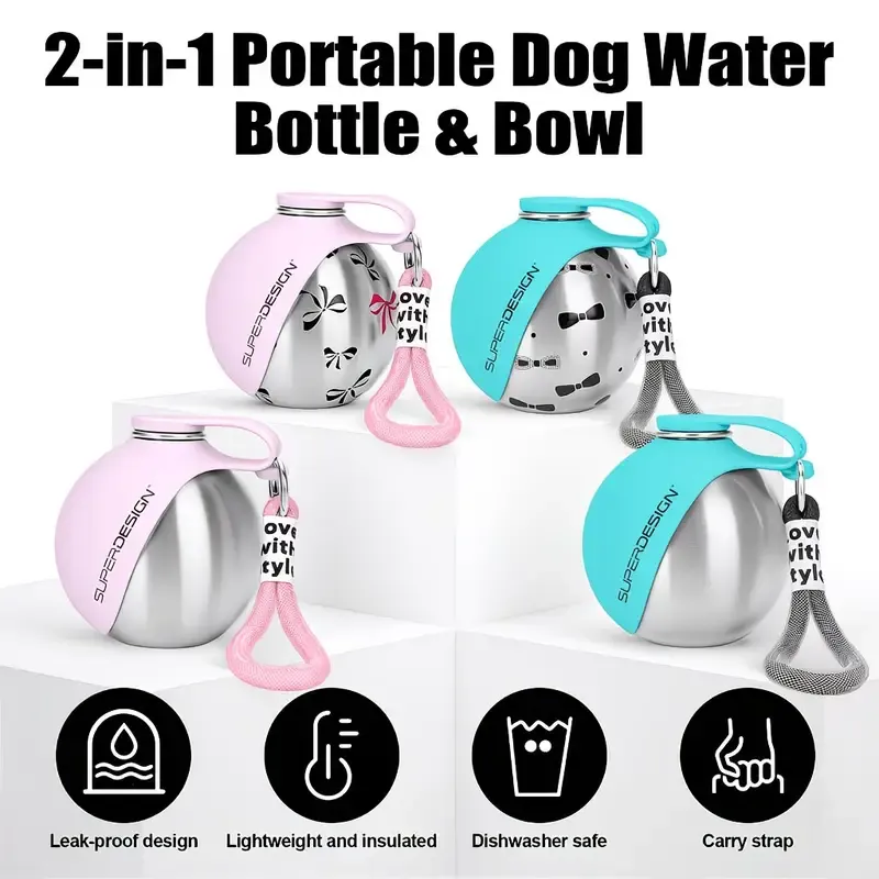 Portable Stainless Steel Cat & Dog Water Bottle, Leak-Proof 2-in-1 with Bowl, One-Press Drink & Feed for Outdoor Walks & Travel, Lightweight & Easy to Carry, Pet Essential./GREY - Image 5