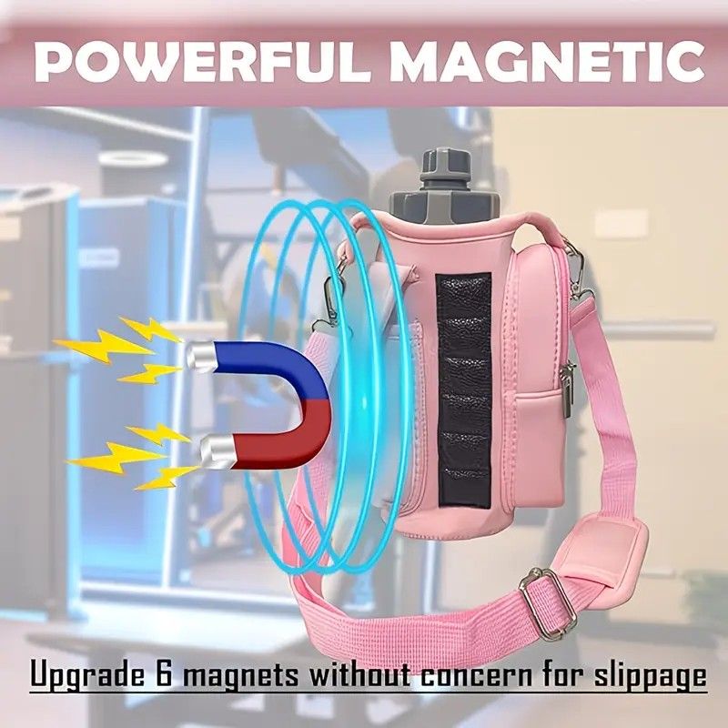 6-Magnet Suction Fitness Water Bottle Bag: Comes with Phone Pocket + Multi-Pocket Crossbody Design, Adjustable Shoulder Strap, Compatible with Treadmill and Squat Rack, Thickened Wear-Resistant Sports Essential/pink - Image 2