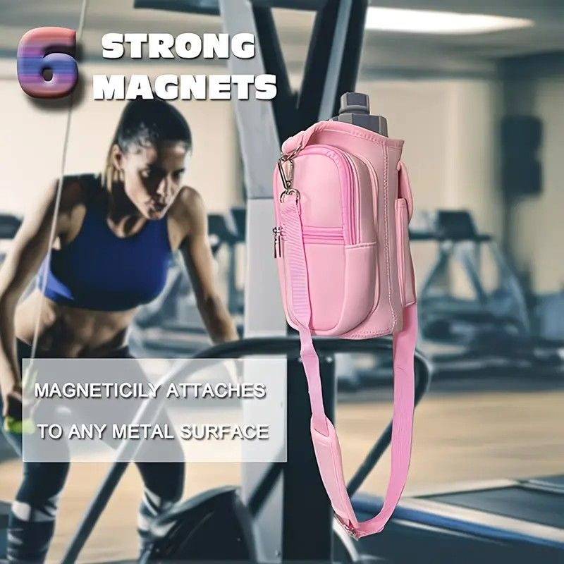 6-Magnet Suction Fitness Water Bottle Bag: Comes with Phone Pocket + Multi-Pocket Crossbody Design, Adjustable Shoulder Strap, Compatible with Treadmill and Squat Rack, Thickened Wear-Resistant Sports Essential/pink - Image 3
