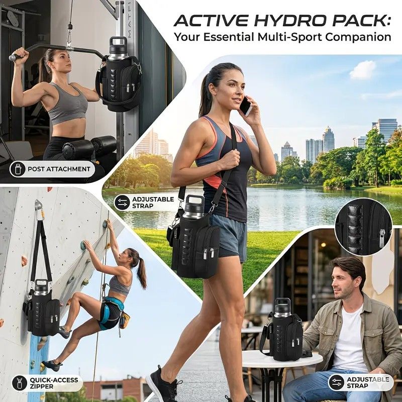 6-Magnet Suction Fitness Water Bottle Bag: Comes with Phone Pocket + Multi-Pocket Crossbody Design, Adjustable Shoulder Strap, Compatible with Treadmill and Squat Rack, Thickened Wear-Resistant Sports Essential/BLACK - Image 3