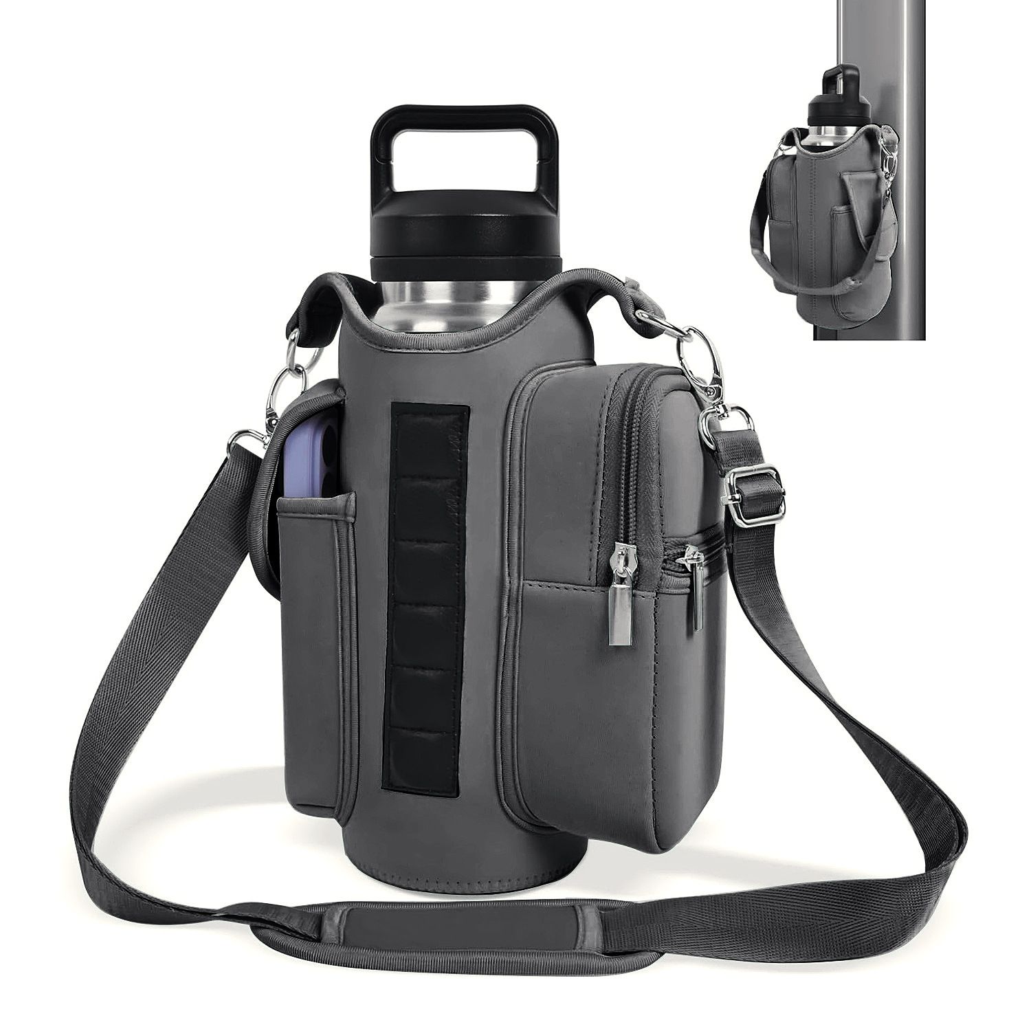 6-Magnet Suction Fitness Water Bottle Bag: Comes with Phone Pocket + Multi-Pocket Crossbody Design, Adjustable Shoulder Strap, Compatible with Treadmill and Squat Rack, Thickened Wear-Resistant Sports Essential/GREY - Image 1