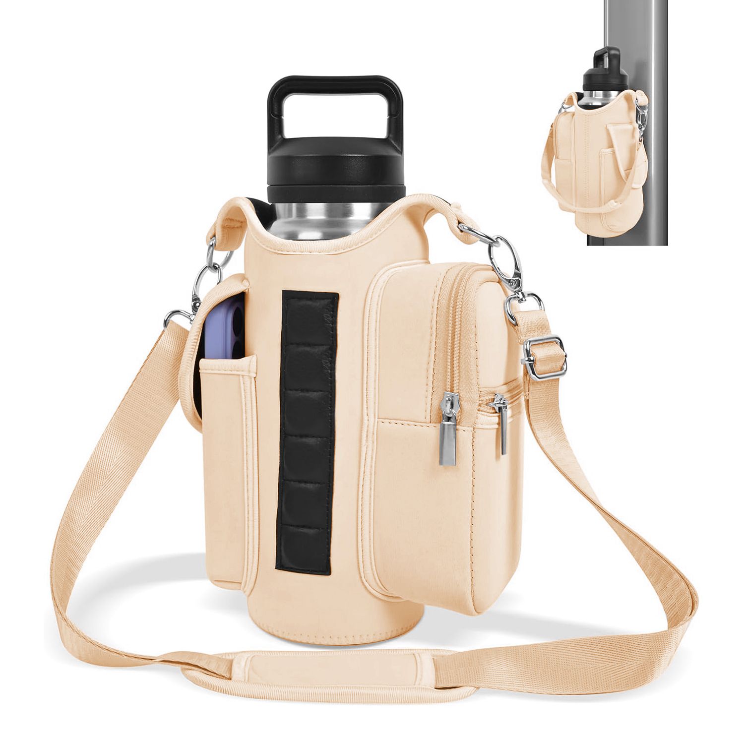 6-Magnet Suction Fitness Water Bottle Bag: Comes with Phone Pocket + Multi-Pocket Crossbody Design, Adjustable Shoulder Strap, Compatible with Treadmill and Squat Rack, Thickened Wear-Resistant Sports Essential/beige - Image 1