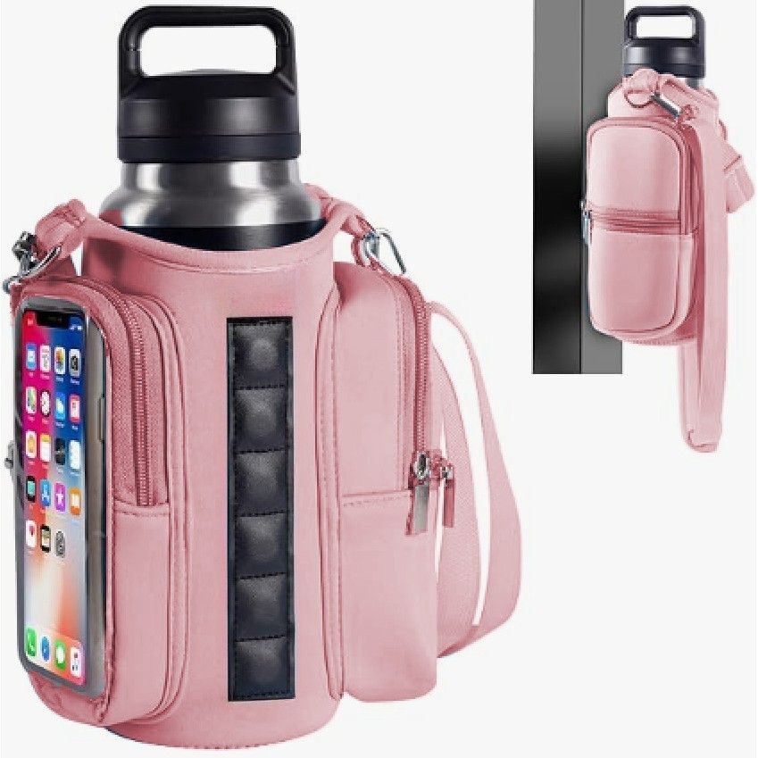 Transparent Single Row 6 Magnet Fitness Water Bottle Bag: HD touchscreen phone pocket, multi-pocket storage, thickened wear-resistant material securely attaches to equipment, one bag handles all sports and travel needs./PINK - Image 1