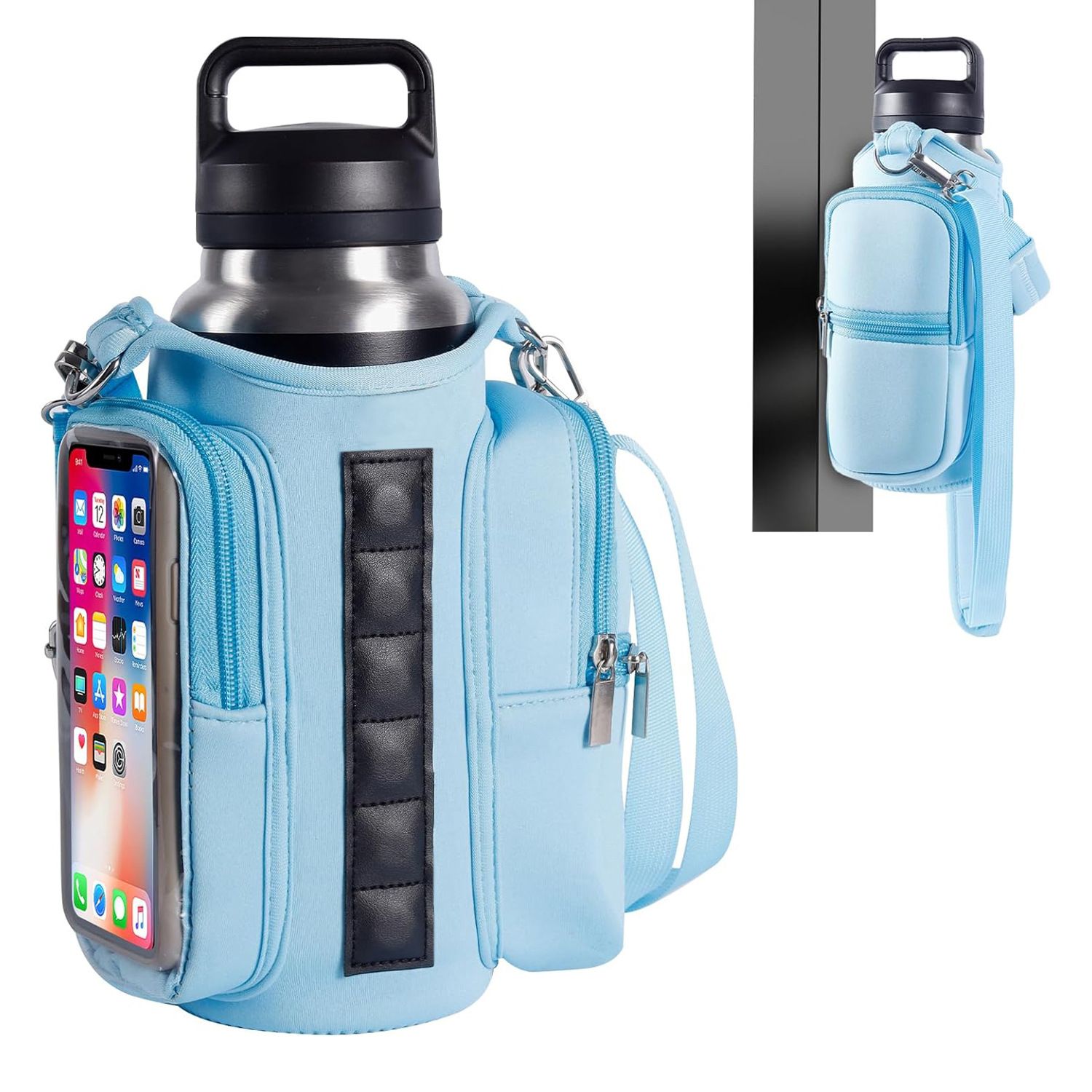 Transparent Single Row 6 Magnet Fitness Water Bottle Bag: HD touchscreen phone pocket, multi-pocket storage, thickened wear-resistant material securely attaches to equipment, one bag handles all sports and travel needs./BLUE - Image 1