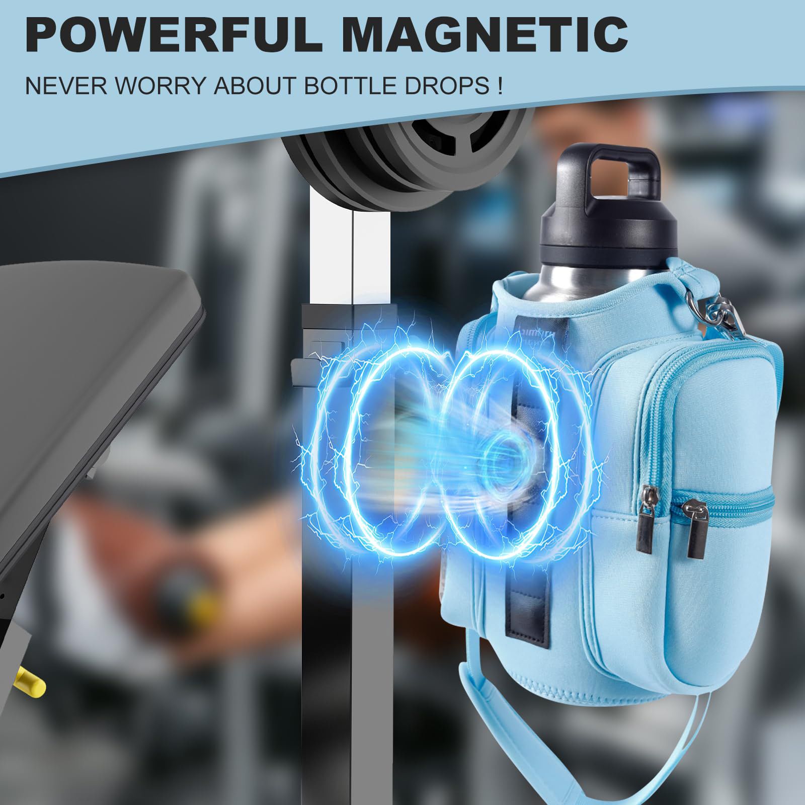 Transparent Single Row 6 Magnet Fitness Water Bottle Bag: HD touchscreen phone pocket, multi-pocket storage, thickened wear-resistant material securely attaches to equipment, one bag handles all sports and travel needs./BLUE - Image 2