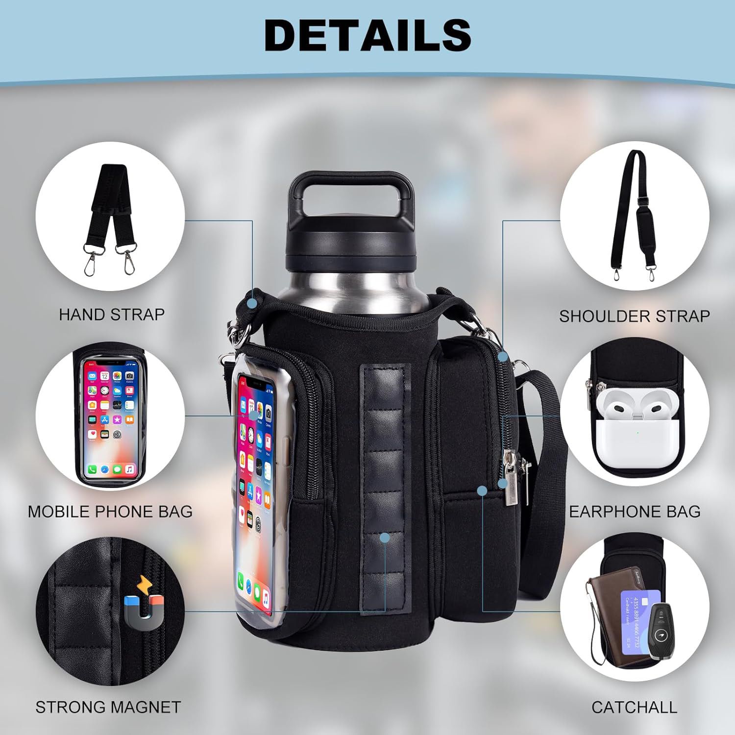 Transparent Single Row 6 Magnet Fitness Water Bottle Bag: HD touchscreen phone pocket, multi-pocket storage, thickened wear-resistant material securely attaches to equipment, one bag handles all sports and travel needs./BLUE - Image 5