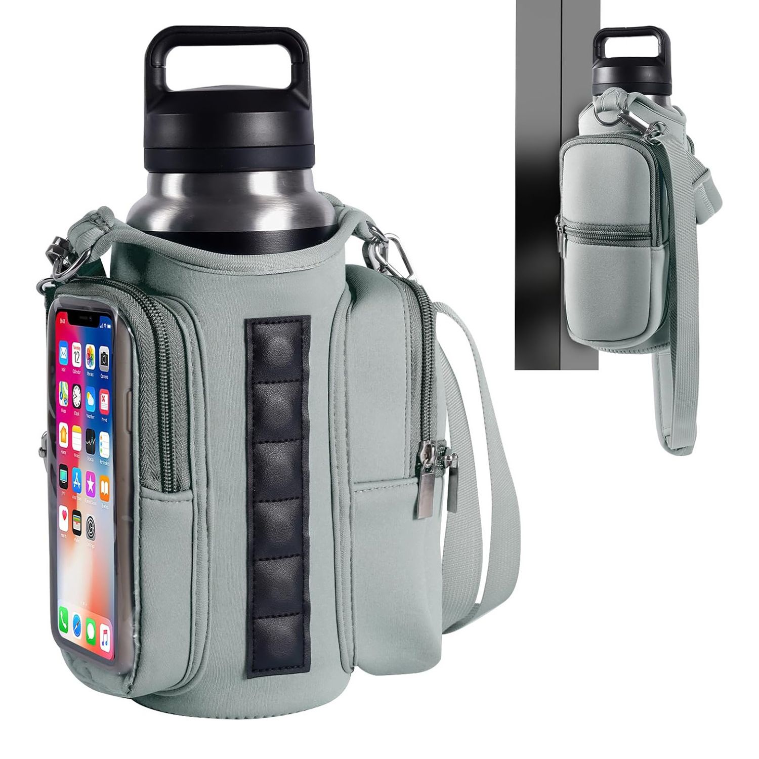 Transparent Single Row 6 Magnet Fitness Water Bottle Bag: HD touchscreen phone pocket, multi-pocket storage, thickened wear-resistant material securely attaches to equipment, one bag handles all sports and travel needs./GREY - Image 1