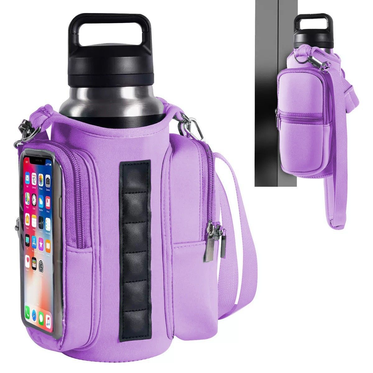 Transparent Single Row 6 Magnet Fitness Water Bottle Bag: HD touchscreen phone pocket, multi-pocket storage, thickened wear-resistant material securely attaches to equipment, one bag handles all sports and travel needs./purple - Image 1
