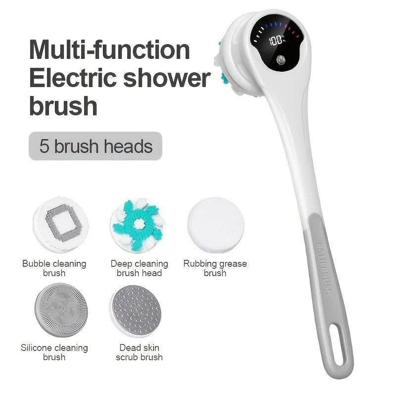 Multi-Function Electric Body Brush: 360° Rotation, Auto-Cleaning, 5 Brush Heads, 3-Speed Adjustment, Wet & Dry Use for Home Spa Experience.GREY - Image 1