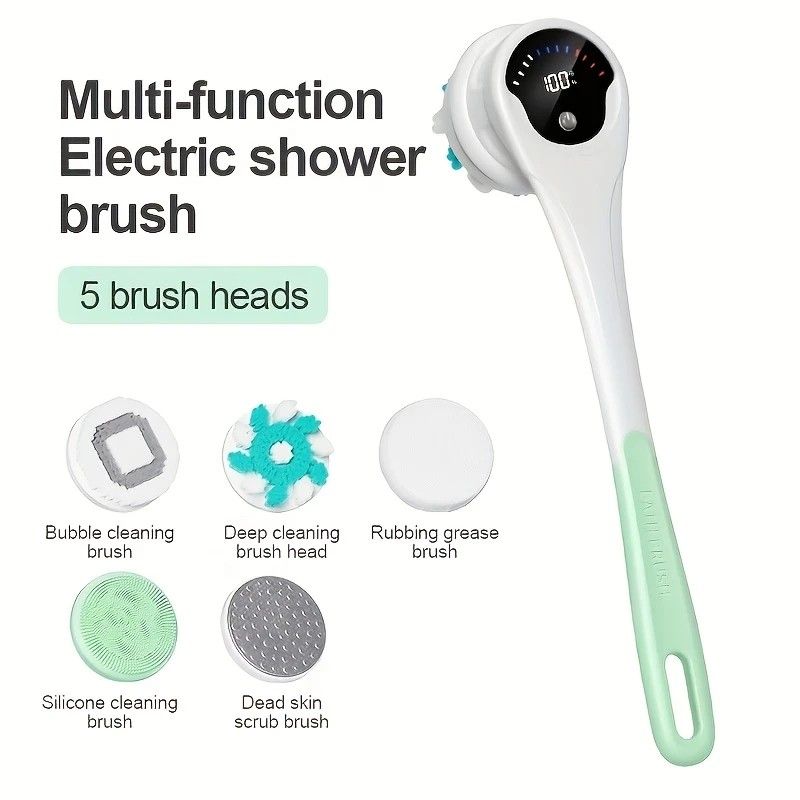 Multi-Function Electric Body Brush: 360° Rotation, Auto-Cleaning, 5 Brush Heads, 3-Speed Adjustment, Wet & Dry Use for Home Spa Experience.GREEN - Image 1
