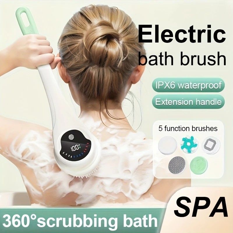 Multi-Function Electric Body Brush: 360° Rotation, Auto-Cleaning, 5 Brush Heads, 3-Speed Adjustment, Wet & Dry Use for Home Spa Experience.GREEN - Image 2