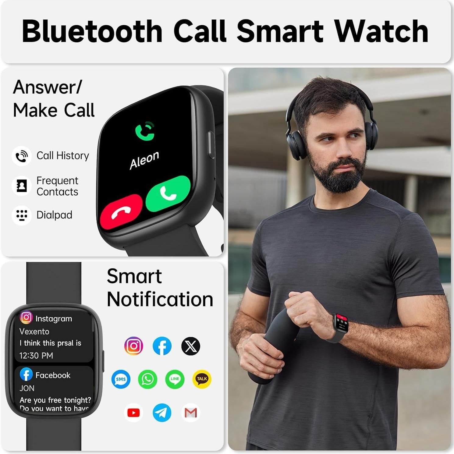 Smartwatch Voice Assistant Bluetooth Calling Health Monitoring Step Tracking  Message Alerts/black - Image 4