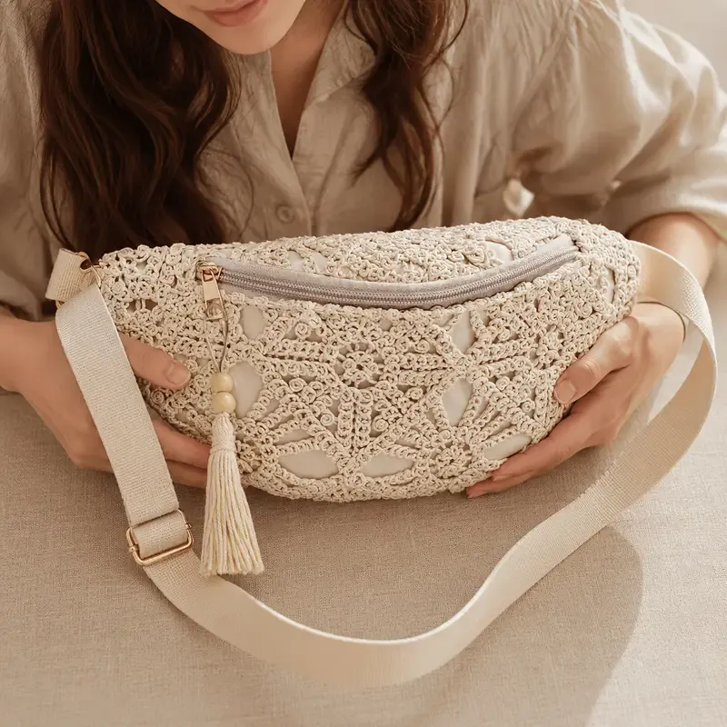 Bohemian Crochet Crossbody Bag: Handmade Openwork with Tassels, Lightweight & Spacious, Versatile for Commuting & Vacation./creamy white - Image 2