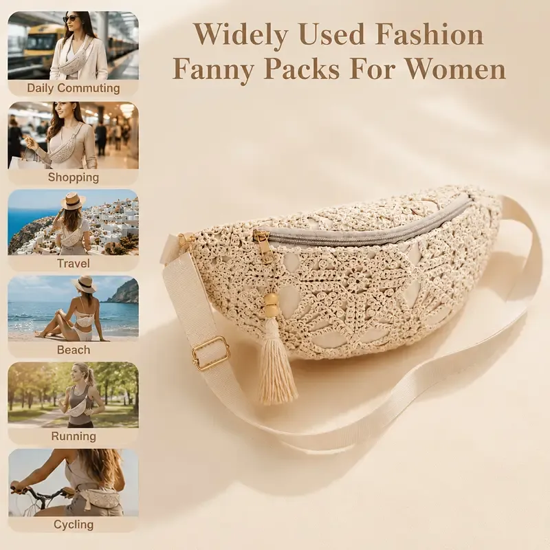 Bohemian Crochet Crossbody Bag: Handmade Openwork with Tassels, Lightweight & Spacious, Versatile for Commuting & Vacation./creamy white - Image 5