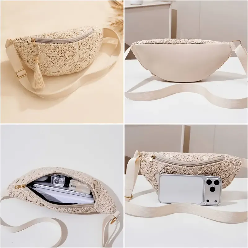 Bohemian Crochet Crossbody Bag: Handmade Openwork with Tassels, Lightweight & Spacious, Versatile for Commuting & Vacation./creamy white - Image 6