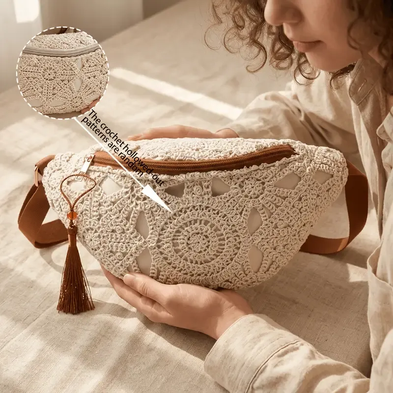 Bohemian Crochet Crossbody Bag: Handmade Openwork with Tassels, Lightweight & Spacious, Versatile for Commuting & Vacation./creamy white - Image 7