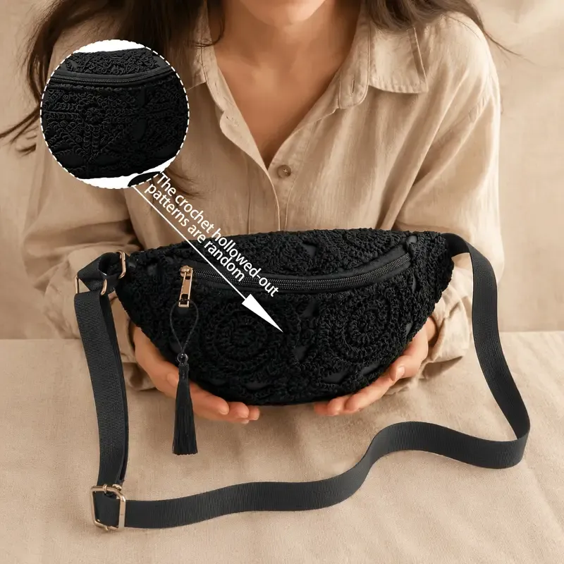 Bohemian Crochet Crossbody Bag: Handmade Openwork with Tassels, Lightweight & Spacious, Versatile for Commuting & Vacation/BLACK - Image 1