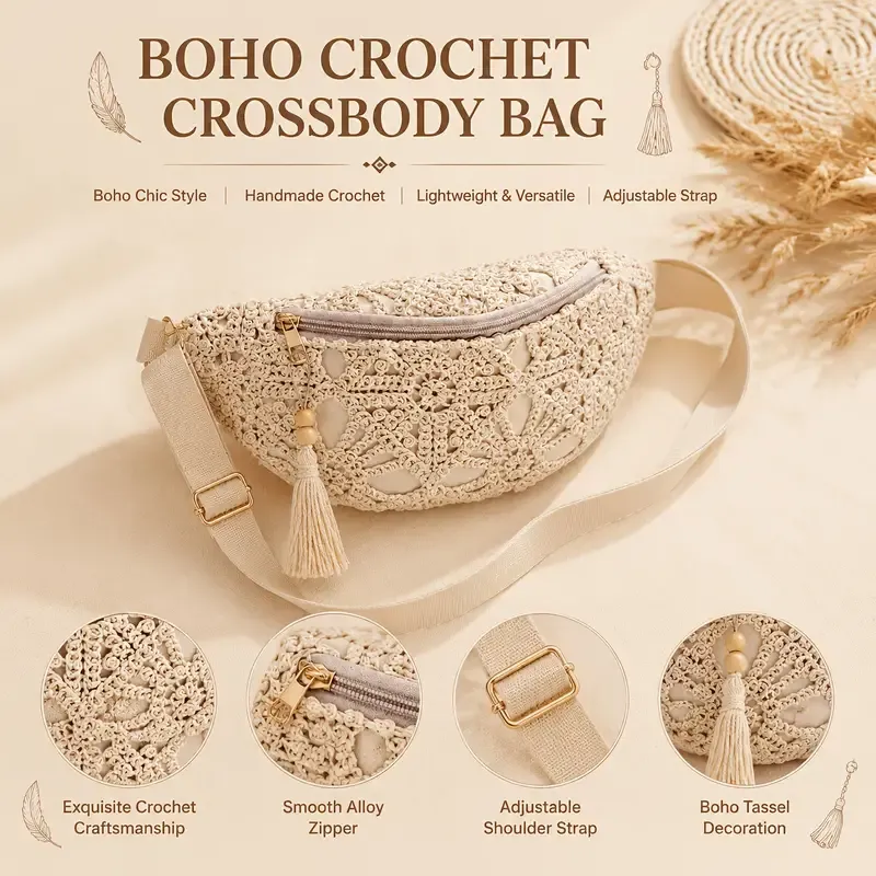Bohemian Crochet Crossbody Bag: Handmade Openwork with Tassels, Lightweight & Spacious, Versatile for Commuting & Vacation/BLACK - Image 2
