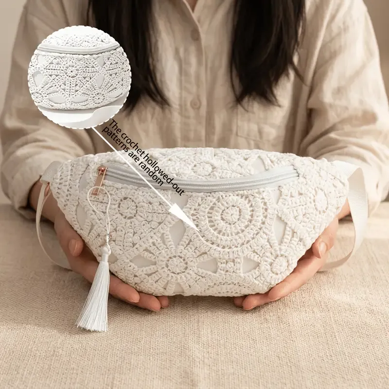 Bohemian Crochet Crossbody Bag: Handmade Openwork with Tassels, Lightweight & Spacious, Versatile for Commuting & Vacation/BLACK - Image 8