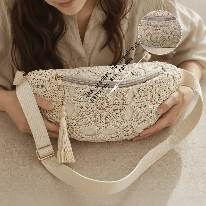 Bohemian Crochet Crossbody Bag: Handmade Openwork with Tassels, Lightweight & Spacious, Versatile for Commuting & Vacation./WHITE - Image 6